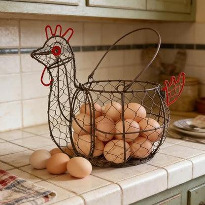 Rustic Wire Egg Basket with Handle, Rooster Chicken Shaped | Metal Construction, Holds 15-30 Eggs, Farmhouse Countertop Decor, Chicken Coop, Easter and Gift