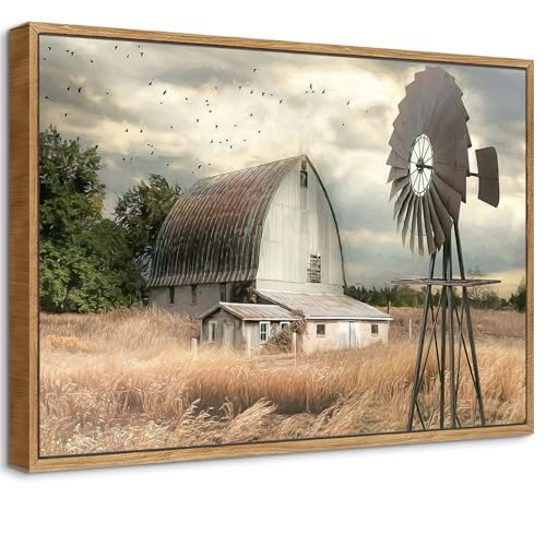 Framed Farmhouse Canvas Wall Art Old Barn and Windmill Print Wall Decor Vintage Rustic Pictures Artwork Country Farm Painting Poster Prints for Living Room Bedroom Bathroom 24x16 In Canvas - color: canvas/, size: 24"L x 16"W