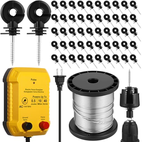 MorningRo Electric Fence Charger Set 110VAC 0.5 Joule Electric Plug in Fence to Contain Pet Poultry Keep Rodent, 50 Black Insulator and 1 Socket Tool 250ft Aluminum Wire for Garden Pond Protection - style: 0.5 Joule