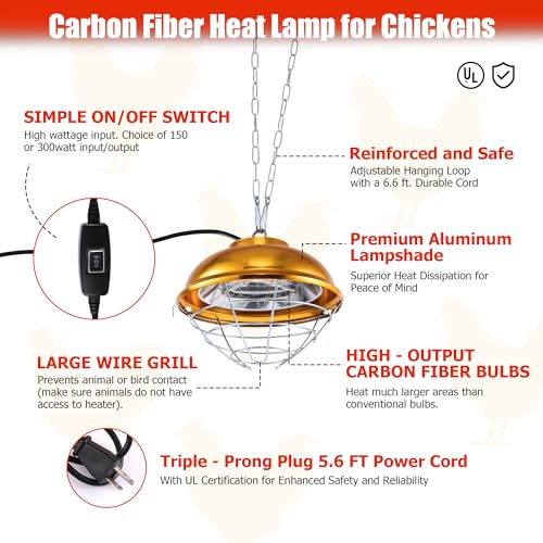 Chicken Coop Heater, 300W Heat Lamp for Chickens, Dual Temperature, Carbon Fiber Heating Coil, with Spare Heating Coil, Aluminum Alloy Shade & 6.6' Hanging Chain, Chicken Heat Lamp for Winter