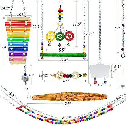 12PCS Longer Chain Chicken Toys for Coop Accessories,Xylophone Swing Flexible Ladder String Bag Vegetable Fruits Skewer Mirror Grinding Stone Pecking for Hens Bird Parrot