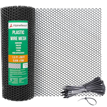 AlpineReach Plastic Wire Mesh 1.3ft x 50ft Fence Roll with Zip Ties - Ideal for Poultry, Dogs, Rabbit Barrier & Gardening, Durable Chicken Mesh, Versatile Rigid Fencing & Netting, Black (15.7" x 600") - size: 1.3ft x 50ft