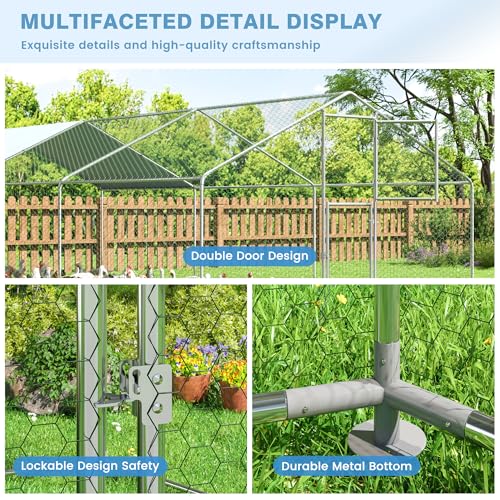 Polar Aurora Metal Chicken Coop, Large Outdoor Chicken Pen, Walk-in Chicken Run for 6-20 Chickens, Double Door Chicken House with Waterproof UV Protection Cover for Backyard (Spire-L) - size: 236.0"L x 118.0"W x 76.8"H
