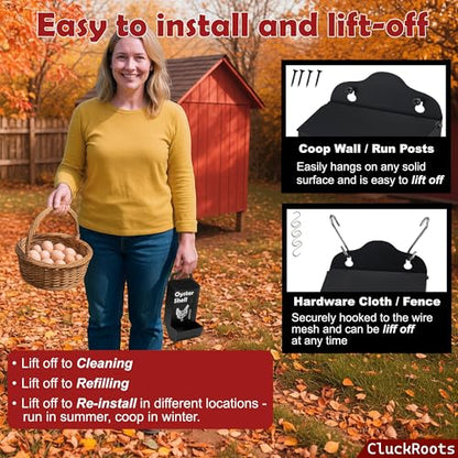 CluckRoots Chicken Grit and Oyster Shell Feeder Combo, No-Spill Weatherproof Heavy-Duty Design, Lift-Off Wall-Mounted Metal Dispenser w/View Window, Chicken Coop Accessories Gifts for Lovers Women - color: Combo-Black/White