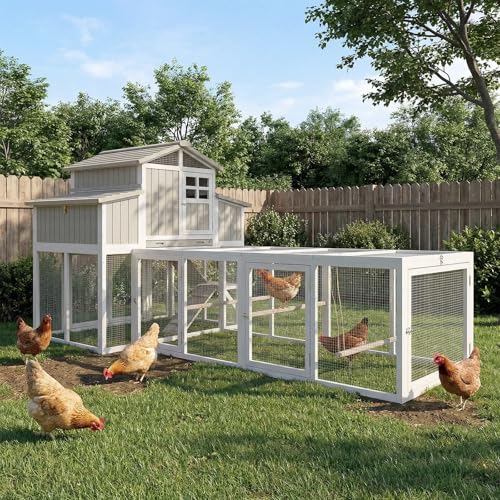 Super Large Chicken Coop with Run for 6-12 Hens, Outdoor Chicken Hen House with 4 Nesting Boxes, Pull-Out Tray, 5 Perches, 2-Story Wooden Poultry Cage with Dual-Side Egg Collection