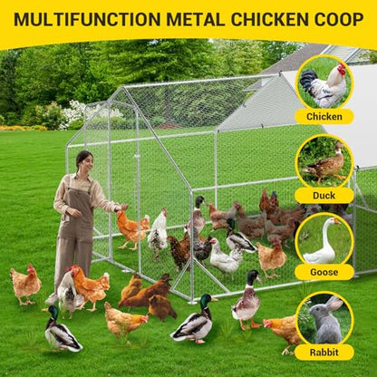 9.8' x 13.1' x 6.6' Chicken Coop Run, Galvanized Steel Chicken Pen with Anti-Ultraviolet Waterproof Cover, Spire-Roof Walk-in Poultry Cage, Metal Chicken Coop for Outdoor Farm Use - size: 9.8' W x 13.1' D x 6.6' H