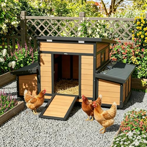 Chicken Coop, Large Wooden Chicken House with Waterproof Roof & Pull-Out Tray, Outdoor Chicken Hutch with 6 Nesting Boxes, Duck Coop Hen House for 4-6 Chicken, Reddish Brown - color: Reddish Brown