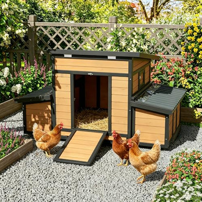 Chicken Coop, Large Wooden Chicken House with Waterproof Roof & Pull-Out Tray, Outdoor Chicken Hutch with 6 Nesting Boxes, Duck Coop Hen House for 4-6 Chicken, Reddish Brown - color: Reddish Brown