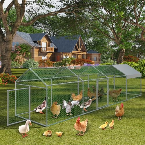 Metal Chicken Coop with Cover, Metal Chicken Run with 4 Doors, Chicken Runs for Yard, Poultry Cage for Rabbit Duck Goose, Silver, 160" x40" x40" - color: silver