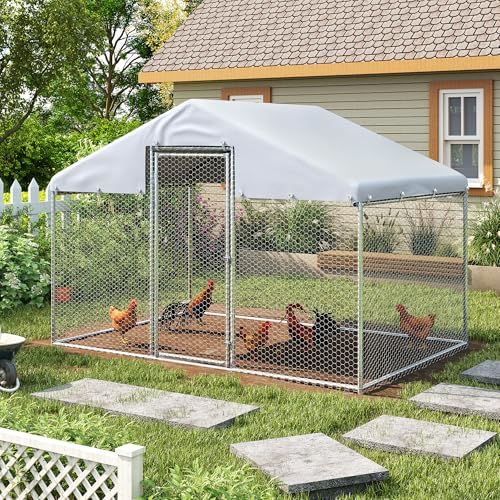 Large Metal Chicken Coop, Walk-in Chicken Run with Waterproof Cover, Spire Roof Hen House Poultry Cage for Outdoor, Backyard