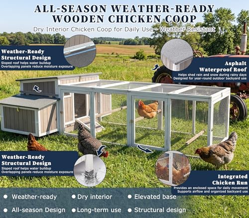 Gowoodhut Outdoor Chicken Coop Wooden Hen House with Run for 2-4 Chickens Hens Coop for Backyard Weatherproof Roof, Nesting Box, Roosting Bar, Pull-Out Tray for Small Pets Rabbit (COOP84+RUN88) - size: 106.0"L x 29.5"W x 28.5"H
