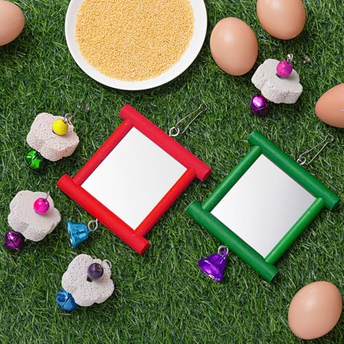 Sumind 2 Pieces Chicken Mirror Toys Hanging Swing Mirror with Bell Wooden Pecking Toy and 4 Pieces Beak Grinding Molar Stones for Hens Birds Parrots(Red,Green) - color: Red,green
