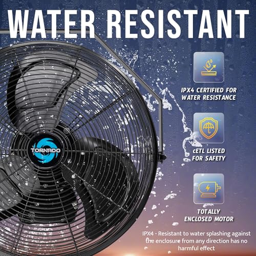 Tornado 18" Outdoor IPX4 Rated Water-Resistant Metal Industrial Wall Mount Fan, 3 Speed High Velocity Wall Fan For Commercial, Industrial, Residential Use, 4150 CFM 6.6 FT Cord 180°Tilting, Black - size: 18 Inch