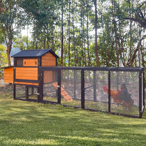 Chicken Coop, Large Wooden Chicken Coop with Nesting Boxes & Run Cage for 3-6 Chickens, Outdoor Hen House Poultry Hutch Rabbit Cage with No-Slip Ramp & Pull-Out Tray for Backyard Farm (Brown) - color: Brown - For 3-6 Chickens