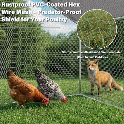 LEMBERI Metal Chicken Runs for Yard, Spire-roof Large Walk in Chicken coop cage for Outside,Galvanized Rabbits Duck Run and coops,Chicken Pen with Waterproof Cover for Outdoor,Backyard and Farm - size: 158.4"L x 118.1"W x 76.8"H