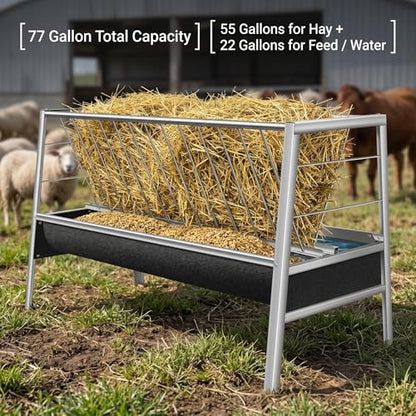 77 Gallon Hay Feeder, Stainless Steel Goat Feeder for Goats Sheep Calves and Horses, Anti-Waste Goat Feeder with Rubber Trough Livestock Feeder