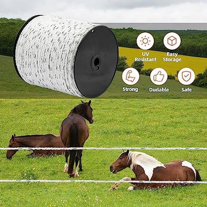 White Electric Fence Poly Rope 1/4 Inch 656ft for Horses | Upgraded portable polyrope, 6×0.18mm stainless steel conductors, safe for large farm animals