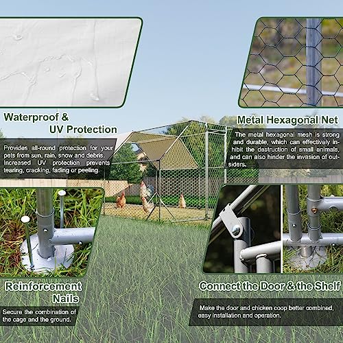 10ft x13ft Galvanized Walk in Chicken Coop, Large Metal Chicken Run Pen with Waterproof UV Roof Cover, Outdoor Chicken House Coop for Backyard Chickens Ducks Quail Rabbits