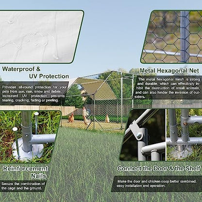 10ft x13ft Galvanized Walk in Chicken Coop, Large Metal Chicken Run Pen with Waterproof UV Roof Cover, Outdoor Chicken House Coop for Backyard Chickens Ducks Quail Rabbits