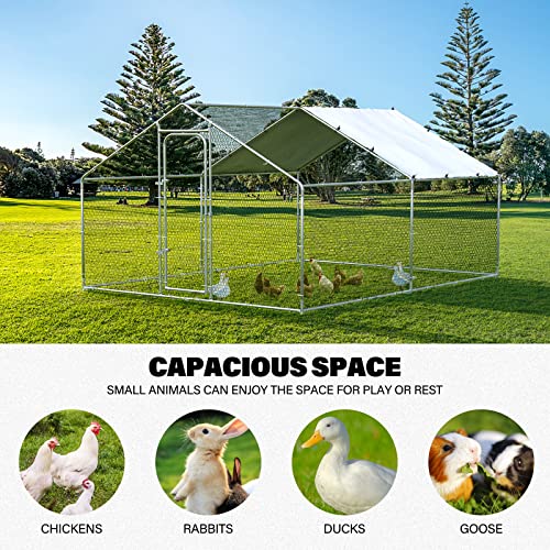 ORANLAND Large Metal Chicken Coop, 9.9x9.9x6.6ft Walk-in Chicken Runs with Cover, Spire Roof Chicken Pen with Security Lock, Outdoor Duck Rabbit Cage Poultry Pen for Backyard, Farm, Yard - size: 118.2"L x 118.2"W x 76.8"H