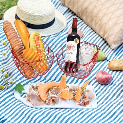2 PCS 7" Red Square Wire Egg Baskets for Fresh Egg With Handle, Small Metal Collecting Basket for Gathering Fresh Eggs, Chicken and Duck Eggs Hunting Basket Egg Holder Countertop - color: Red