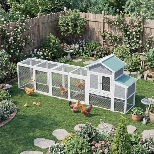 122'' Large Wooden Chicken Coop, Outdoor Chicken Cage with Sloped Asphalt Roof, Sliding Tray & Nesting Box, Weather-Resistant Poultry Cage for 4-6 Hens