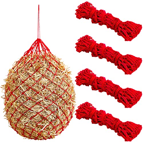 Fabbay 4 Pcs Slow Feed Hay Net Feeder Hay Bag for Horses Slow Feeder 40 Inch Length with 2 Inch Holes Hanging Horse Feed Net for Goat Cattle Equine Stalls Barn Supplies(Red) - color: Red
