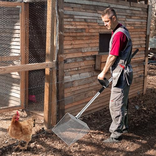 15-inch Large Chicken Poop Scooper with Ergonomic Grip, 4 in 1 Adjustable Chicken Coop Pooper Shovel (24 to 70"), Sifting Litter Shovel for Chicken Coop/Goat Stall/Stable Cleaning