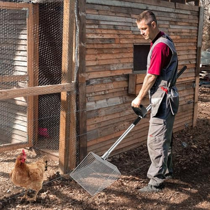 15-inch Large Chicken Poop Scooper with Ergonomic Grip, 4 in 1 Adjustable Chicken Coop Pooper Shovel (24 to 70"), Sifting Litter Shovel for Chicken Coop/Goat Stall/Stable Cleaning