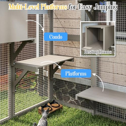 Ketive Cat Catio Outdoor Enclosure for Multiple Cats, Large Wooden Walk-in Cat House with Window Connection, 2 Condos, Platforms, Doors, and Weatherproof Roof Cover (69.5" L x 47" W x 71" H) - size: 69.5"L x 47.0"W x 71.0"H