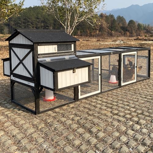 PetsCosset 116" L Large Chicken Coop and Run, Hen House with 4 Nesting Box Boxes, Rabbit Hutch Poultry Bunny Cage for 4-6 Chickens with 4 Perches, Removable Tray and Ramp and UV-Resistant Roof Panel - color: Black White