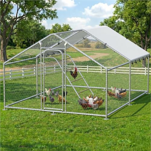 Large Metal Chicken Coop with Waterproof &UV-Resistant Cover&Perch,9.8' Lx 13.2' x 6.4' Chicken Run Outdoor Walk-in Cage Rabbit Duck Hen House for Yard Farm,Spire Roof - size: 158.4"L x 118.0"W x 78.0"H