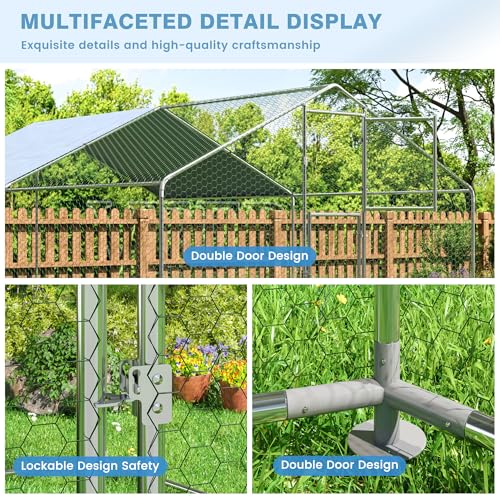 Polar Aurora Metal Chicken Coop, Large Outdoor Chicken Pen, Walk-in Chicken Run for 6-20 Chickens, Double Door Chicken House with Waterproof UV Protection Cover for Backyard (Spire-M) - size: 157.5"L x 118.0"W x 76.8"H