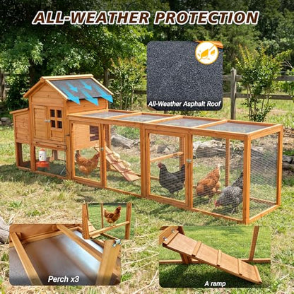 Large Chicken Coop for 4-6 Chickens with Attached Run, Predator Proof Hen House with Waterproof Asphalt Roof & Removable Cleaning Tray
