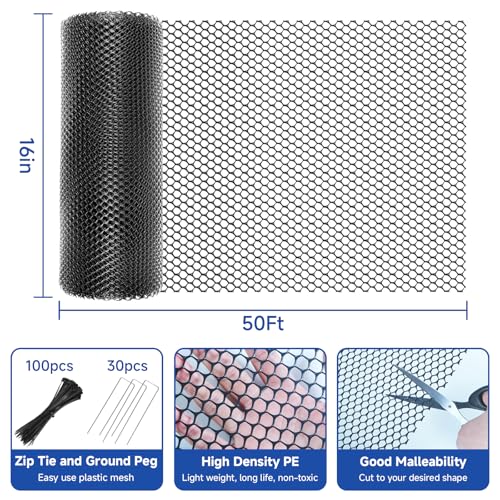 Plastic Chicken Wire Mesh Roll, 16INx50FT Black Chicken Wire Fencing Poultry Netting Garden Fence for Chicken Coop, Cat Balcony Protection Pet Barrier Plant Protectors from Animals Temporary Fencing