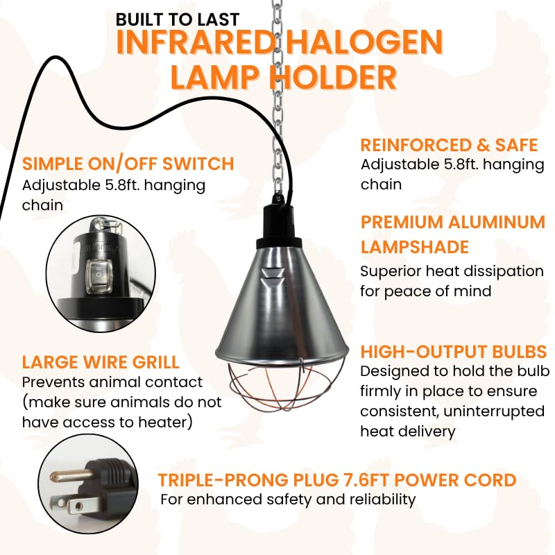 IVS 250W Bulb Infrared Halogen Lamp Holder - Livestock Heating Equipment | 14.5” x 8.5” Durable Heat Lamp - Safe Piglets Poultry Small Chicks Equipment