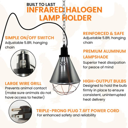 IVS 250W Bulb Infrared Halogen Lamp Holder - Livestock Heating Equipment | 14.5” x 8.5” Durable Heat Lamp - Safe Piglets Poultry Small Chicks Equipment