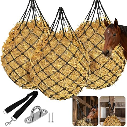 3 Pcs 47" Large Heavy Duty Hay Nets for Horses,Slow Feed Hay Bags for Horses – Hanging Hay Net Feeder with Straps & Hooks for Stall, Fence, Trailer, Goats & Sheep