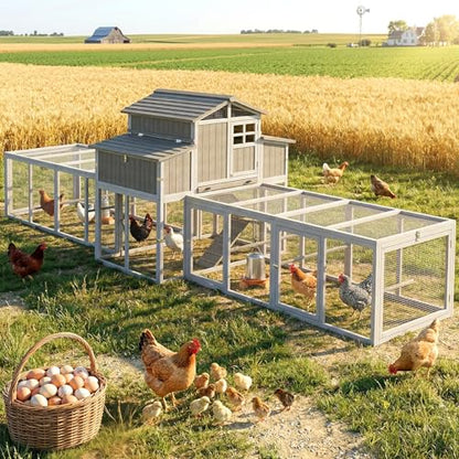 Extra Large Wooden Chicken Coop with Dual Runs for 6–10 Chickens, 2-Tier Elevated Hen House with Nesting Boxes, Expandable Connected Runs, Reinforced Frame, Slide-Out Tray, Grey - color: Grey