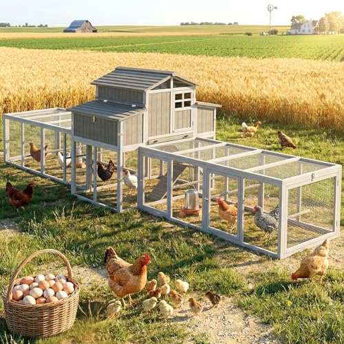 Extra Large Wooden Chicken Coop with Dual Runs for 6–10 Chickens, 2-Tier Elevated Hen House with Nesting Boxes, Expandable Connected Runs, Reinforced Frame, Slide-Out Tray, Grey - color: Grey
