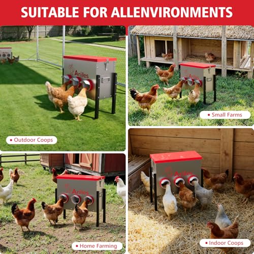 Automatic Chicken Feeder Box, 40lb Capacity, 6 No-Waste Ports, Metal Poultry Feeder with Covered Lid & Elevated Stand, Feed Dispenser for Chickens, Ducks & Backyard - size: 40 LB