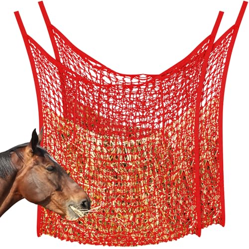 Fabbay 2 Pcs Slow Feed Hay Net for Horses, 35 x 31 Inch Hay Bag for Horses Goats Sheep, Small Hole Hanging Feeder Supplies for Stall Trailer, Red - color: Red, size: 35 x 31 Inch