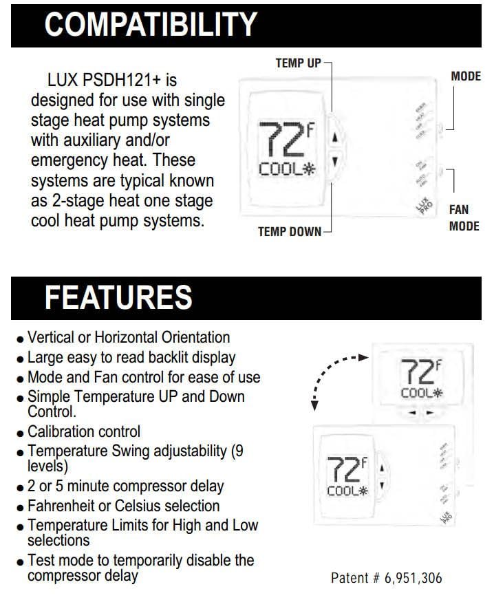 Lux Pro PSDH121B Non-Programmable Thermostat; Heat Pump Only; 2 Heat, 1 Cool; Batteries Included - size: PSDH121B- Single