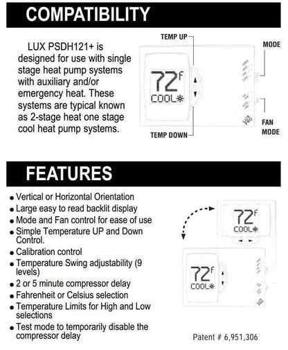 Lux Pro PSDH121B Non-Programmable Thermostat; Heat Pump Only; 2 Heat, 1 Cool; Batteries Included - size: PSDH121B- Single