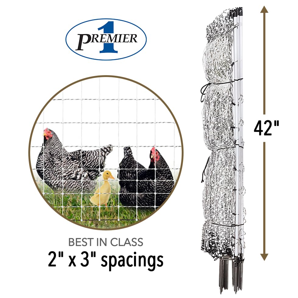 Premier 1 PoultryNet® Plus, 42"H x 100'L Electric Fence Starter Kit | Extra Line Posts to Reduce Sag | Includes: Solar Energizer, FiberTuff™ Support Posts and Tester | White/Black