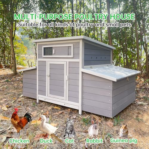 Chicken Coop, 58" Wooden Chicken Coop with 2 Sides Large Nesting Boxes for 4-6 Chickens, Poultry Hutch Rabbit Cage with No-Slip Ramp & Pull-Out Tray for Outdoor Farm Yard (Dark Grey) - color: Dark Grey