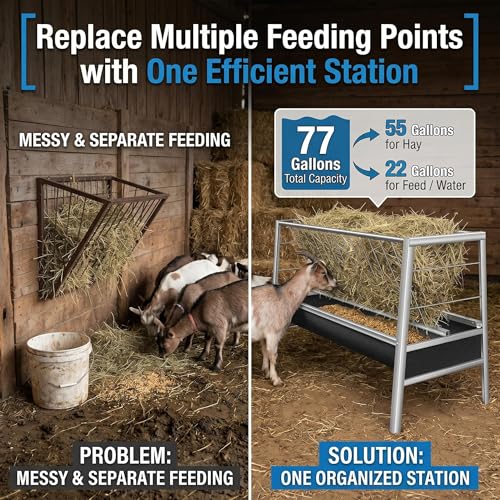 Farm Ranch 77 Gallon Hay Feeder, Wear-Resistant Rubber Trough, Corrosion-Resistant Stainless Steel Livestock Feeder for Goats, Sheep, Calves and Horses Use