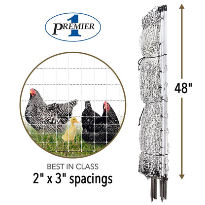 Premier 1 PoultryNet® Plus, 48"H x 100'L Portable Electric Fence with Extra Line Posts to Reduce Sag | Double Spike for Added Stability | White/Black Fence for Chickens, Ducks, Geese