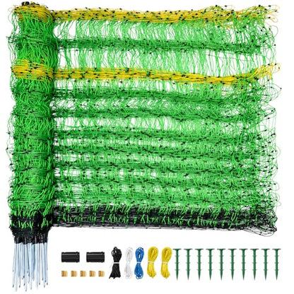 Electric Fence Netting, 49.6" H x 164' L, Portable Livestock Net Fencing with Double-Spike Posts, Movable Mesh for Goats, Sheep, Hogs, Deer & Dogs, Predator Control for Backyard, Farm & Homestead