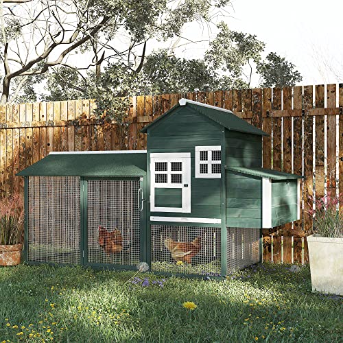 PawHut 84" Wooden Chicken Coop, Hen House Outdoor with Run Nesting Box, Asphalt Roof, Removable Tray, Ramp, Poultry Cage for 2-3 Chickens, Green - color: Green